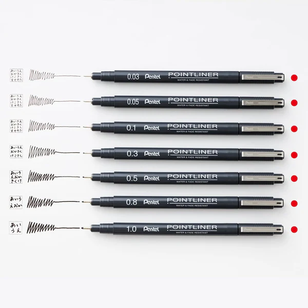 Pentel Water-Based Pigment Marker Point Liner Set of 7, 0.03mm-1.0mm