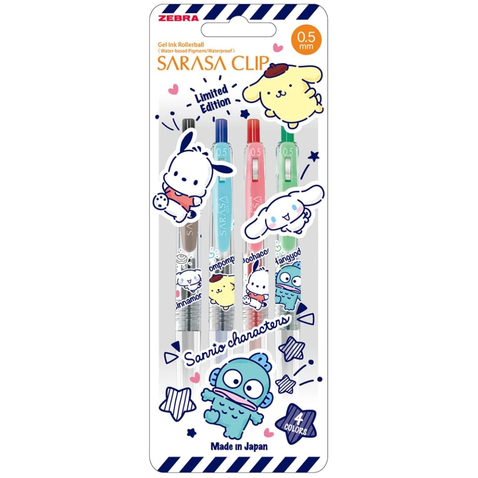 Zebra Sanrio JJ15-SBG-4C Sarasa Clip Gel Ballpoint Pen, 0.02 inches (0.5 mm), Pretend Balance, Set of 4 Colors