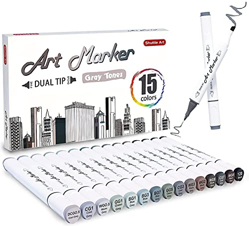 Shuttle Art 15Pcs Art Marker Gray Tones