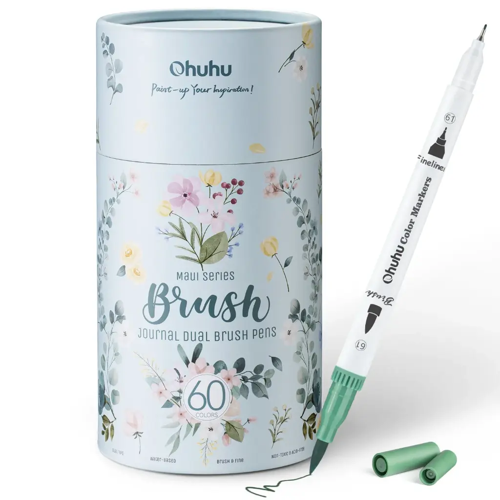 Ohuhu Art Marker Pen, 60 Colors, Watercolor Pen, Water-based, Bulky, Ultra Fine, Brush, Vibrant, Illustration, Notebook, Letters, Coloring, Card, Storage Case Included