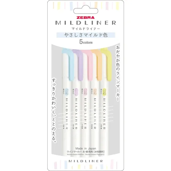 [WKT7-5C-YC] ZEBRA Highlighter, Mildliner, Set of 5 Colors(best seller) (Gentle Mild Color)