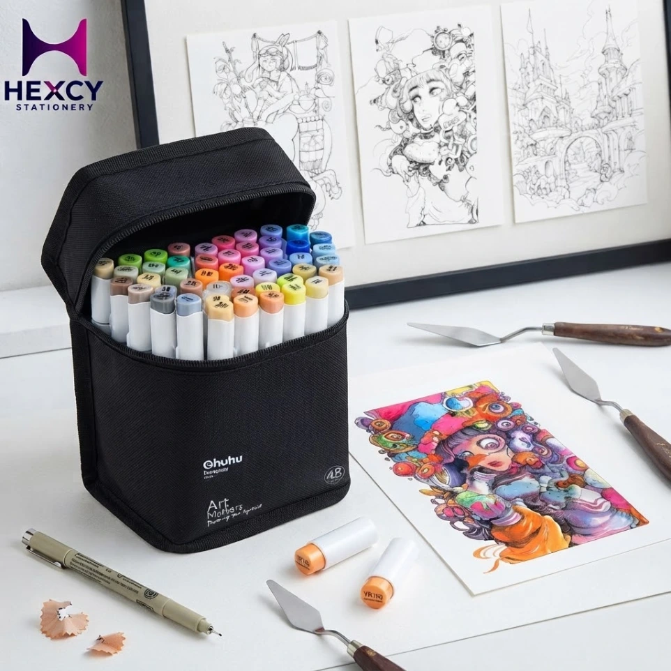 Ohuhu Honolulu B Series Marker Pen, Brush Type, 49 Pieces, Professional Use, Basic Colors, Illustration Markers, Brush & Fine Point, 1 Blender Pen