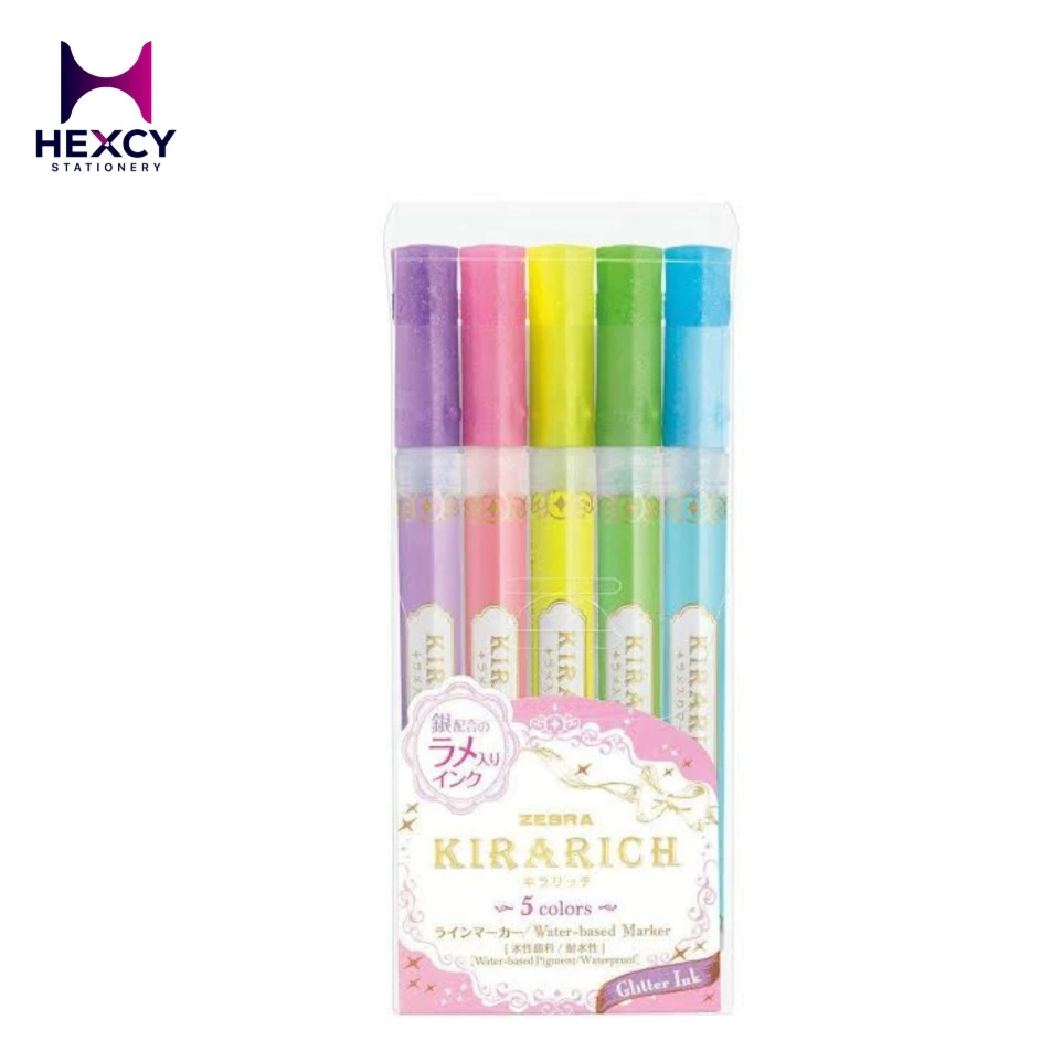 Zebra Kirarich Line Marker, 5-Color Set, Glitter Ink