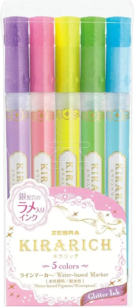 [WKS18-5C] Zebra Kirarich Line Marker, 5-Color Set, Glitter Ink