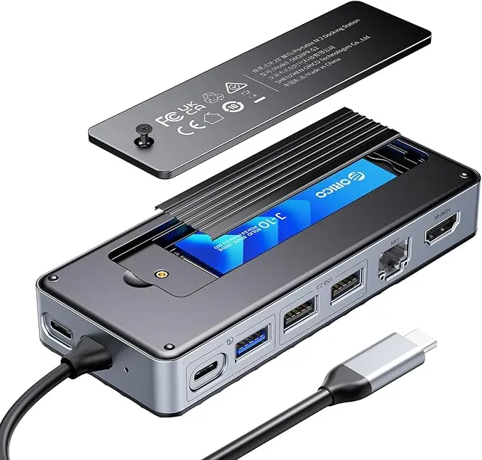 [ORICO-OM28P-G2-BK-EP] USB C Hub with M.2 SSD Case, ORICO USB-C Docking Station, 10Gbps USB 3.2 Gen2 M.2 NVMe/SATA Dual Case, Support 4K@60Hz HDMI, 100W PD, SD/TF - OM28P
