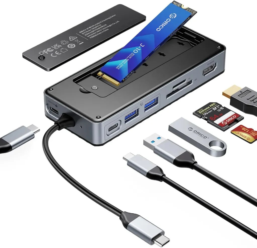 [ORICO-OM28P-G2-BK-EP] USB C Hub with M.2 SSD Case, ORICO USB-C Docking Station, 10Gbps USB 3.2 Gen2 M.2 NVMe/SATA Dual Case, Support 4K@60Hz HDMI, 100W PD, SD/TF - OM28P