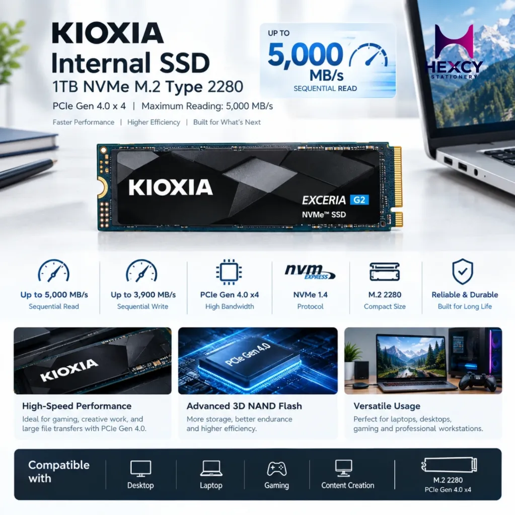 KIOXIA Internal SSD 1TB NVMe M.2 Type 2280 PCIe Gen 4.0 x 4 (Maximum Reading: 5,000 MB/s)