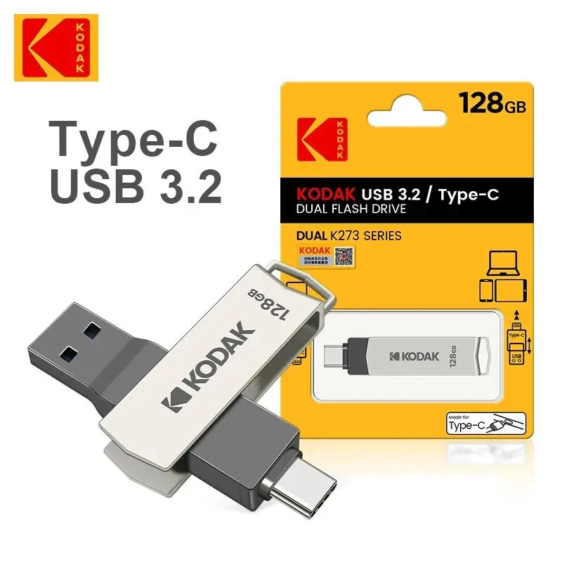Kodak 360 rotation K273 Metal USB3.1 USB Flash Drive USB3.0 Pendrive, 128GB Type c