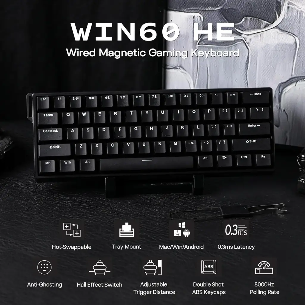 EPOMAKER AULA WIN60 HE Magnetic Keyboard Hall Effect Keyboard 0.3ms Delay 65% Wired Compact Keyboard 8000Hz Polling Rate Hot Swap for Win/Mac (Black)