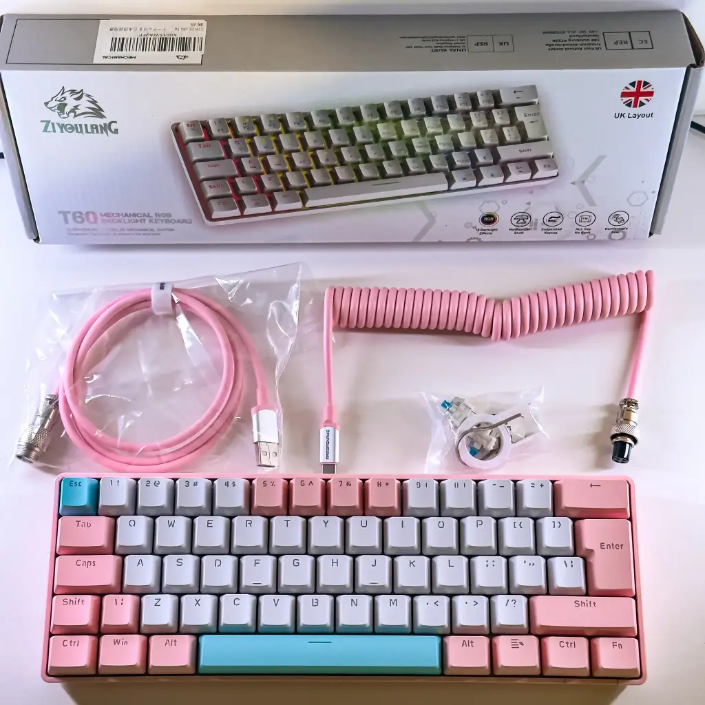 ZIYOULANG T60 Mechanical Gaming Keyboard, Wired Connection, Blue Axis, Numeric Keyless, 62 Keys, Color Blocking, 19 Types of RGB, 64 Colors, Rainbow Backlight (Pink)