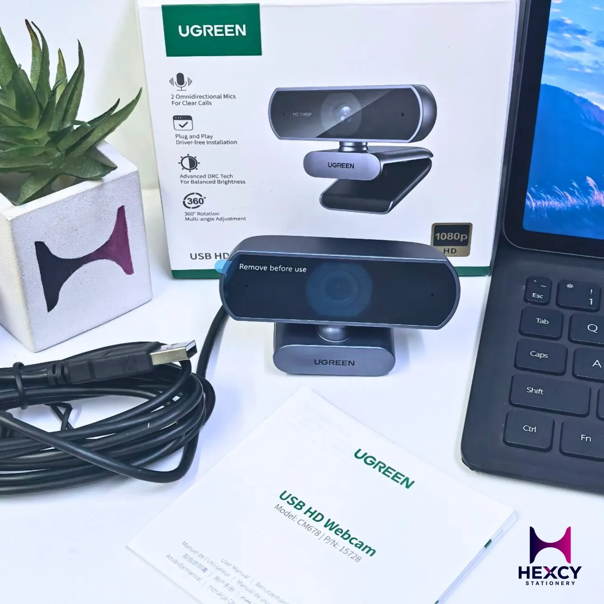 UGREEN Webcam, USB Webcam, Full HD, 1080P, 2 Megapixels, Built-in Microphone