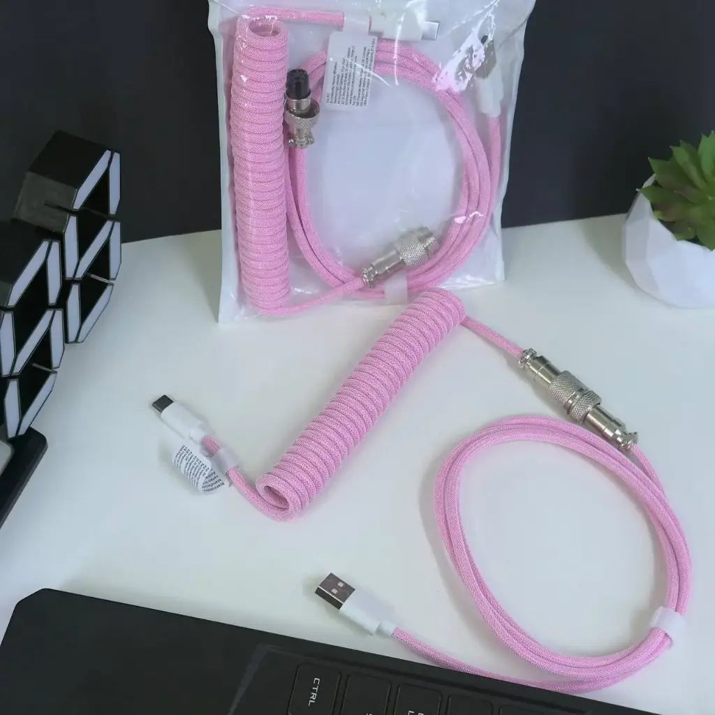 [3M-xinkuan-HCX-fen] NNBILI NEW Macaron Metal Type C Mechanical Keyboard Cable USB Spring Wire  (Pink)