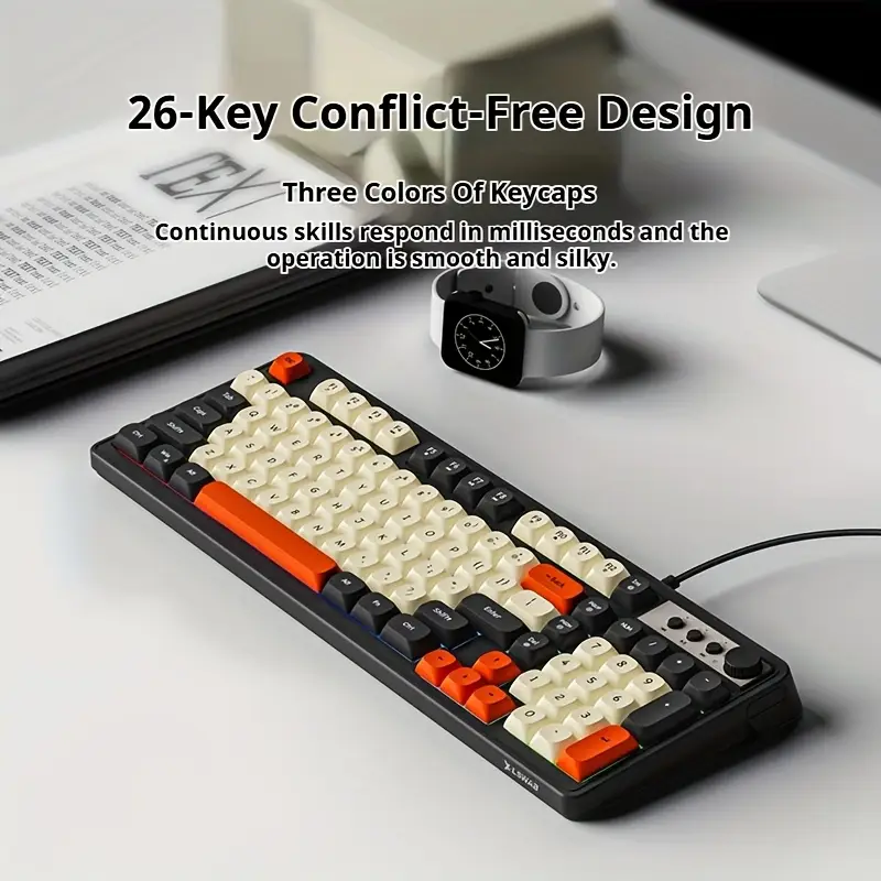 EWEADN Wired Gaming Keyboard with RGB Backlit, 98-Key Ergonomic Design, Multimedia Knob & Ball Keycaps