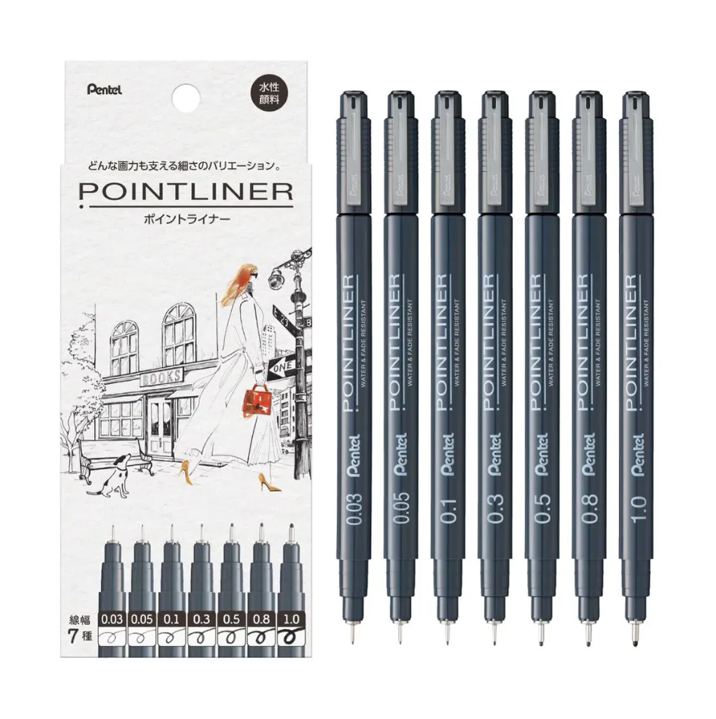 Pentel Water-Based Pigment Marker Point Liner Set of 7, 0.03mm-1.0mm