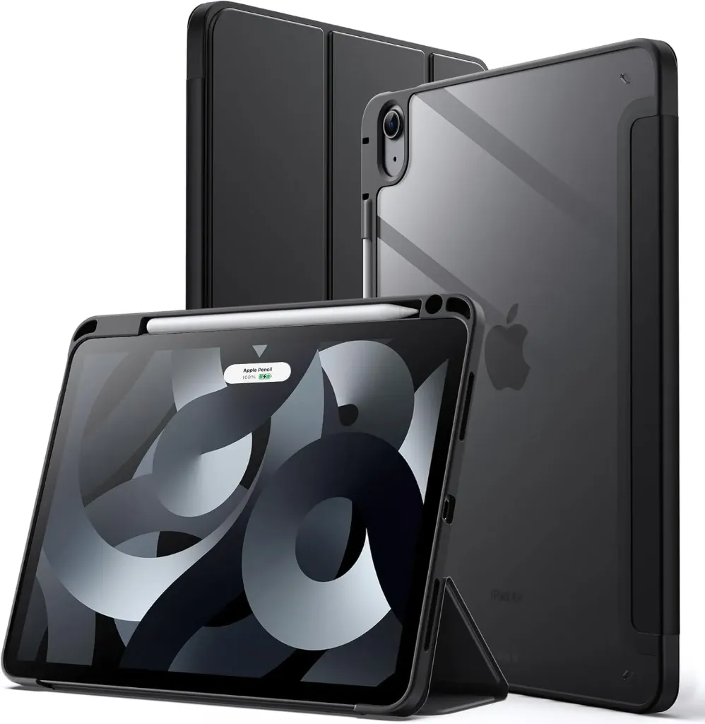[3113B-CS-VK1/A01] JEDirect Case for iPad Air 5th Generation (2022) & 4th Generation (2020), 10.9 Inch, Pencil Holder, Clear Back Shell, Slim Cover, Stand Function, Auto Wake/Sleep Function, Shock Absorption (Black)