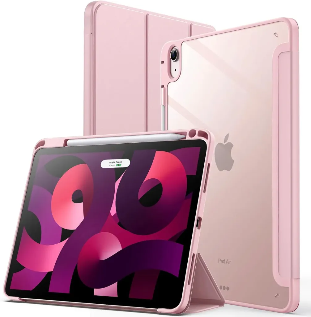 JEDirect Case for iPad Air 5th Generation (2022) & 4th Generation (2020), 10.9 Inch, Pencil Holder, Clear Back Shell, Slim Cover, Stand Function, Auto Wake/Sleep Function, Shock Absorption