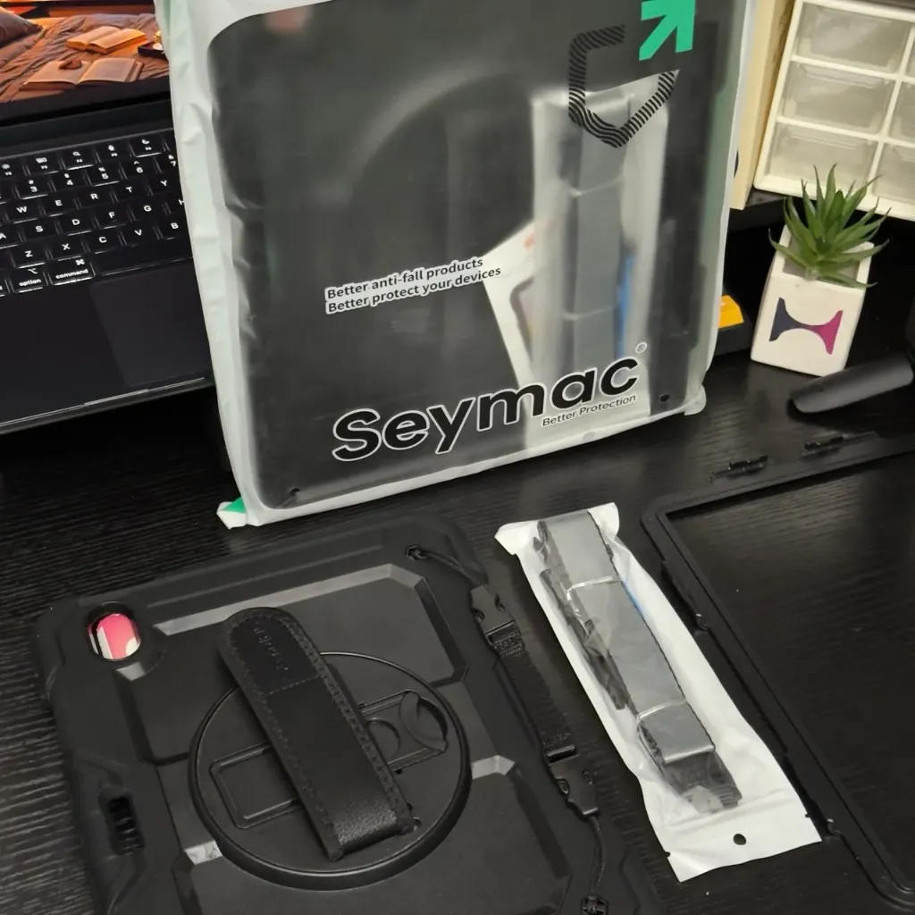 SEYMAC stock 2024 iPad Air (M2) Shockproof Case with Protective Film Pen Storage 360° Rotating Stand Hand Strap Shoulder Strap Full Protective Cover