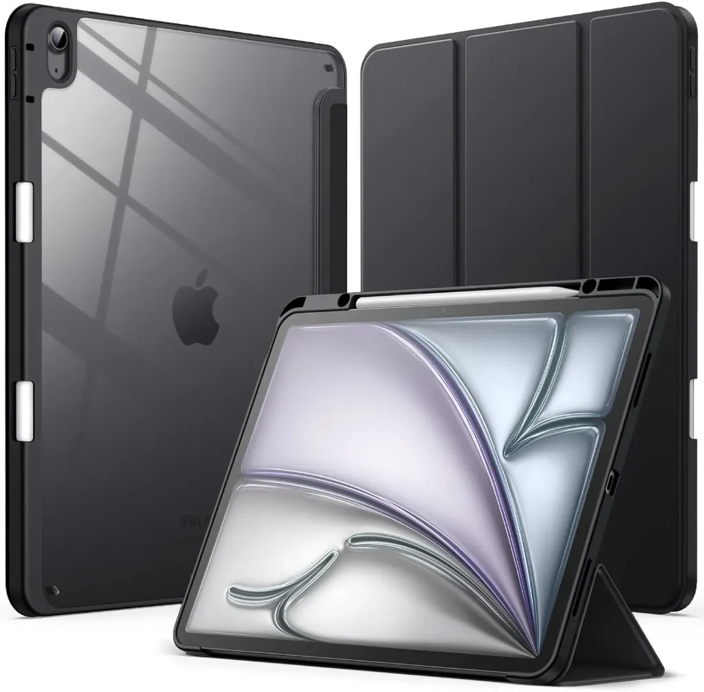 JEDirect iPad Air 13 Inch M2 Case with Pencil Holder Transparent Back Cover Slim Stand Shock Absorption Tablet Cover Auto Wake/Sleep Function 