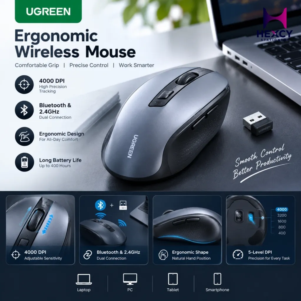 [90855] Ugreen Ergonomic Wireless 4000 DPI Mouse (Buletooth & 2.4GHz)