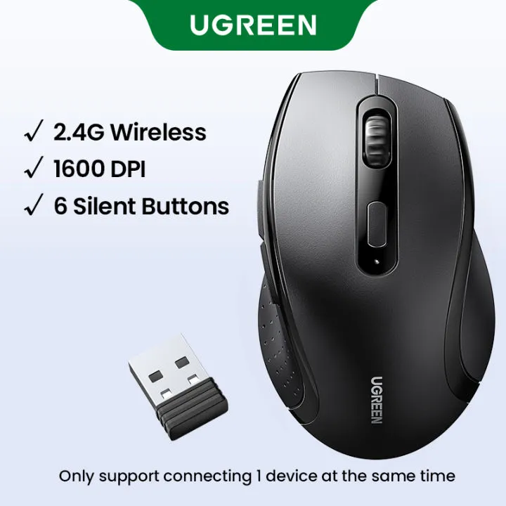 [45012] UGREEN Wireless Mouse, 2.4 GHz Wireless, 5 Buttons, Equipped with Back/Forward Buttons, Medium Size, Grip, Maximum 1600 DPI Battery, Compatible with Windows, Linux, Mac OS, Android, Chrome, and More
