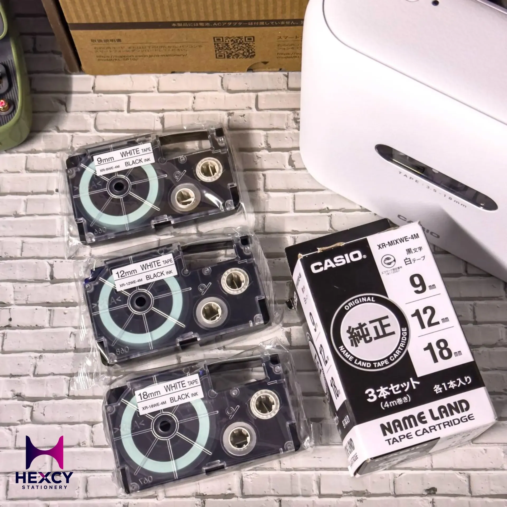 Genuine Casio Nameland Label Writer Tape 0.3 inch (9 mm), 0.57 inch (12 mm), 0.7 inch (18 mm), 3 Pack XR-MIXWE-4M White with Black Letters