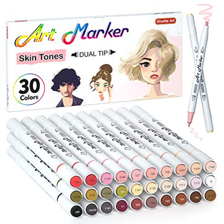 Shuttle Art Marker Pens Set of 29 Flesh Brown Skin Colors with Blender Pen Fine Ends Art Markers, Fine Point, Quick Drying, Alcohol Markers, Portrait Drawing, Cartoon Pen for Portrait, Cartoonist Set,