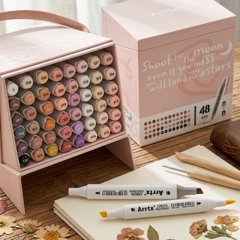 Arrtx Marker Pens 48 Colors Skin Tone Illustration Marker Brush Dual Use Waterproof Quick-Dry Skin Color Coloring, Illustration, Manga, Comic with Blender Pen Brown Alcohol Markers for Professional