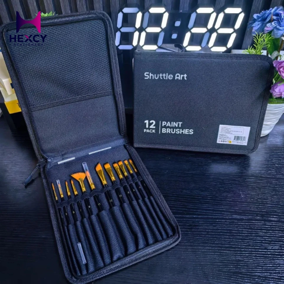 Shuttle Art Paint Brush Set 12-Piece Multi-Shape Sizes Brush Set Black with Storage Case