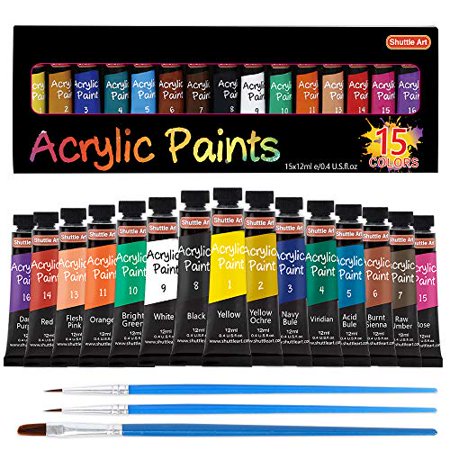 Shuttle Art Acrylic Paints, Acrylic Pigments, 15 Color Set, Quick Dry Durable Tube, 12ml Handmade for Fabric, Stone, Glass, Ceramic for Kids, Illustration, Coloring, Crafts, Fine Arts, Art Supplies,