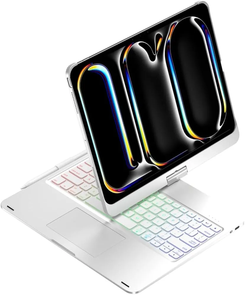 [360° Rotating Stand] iPad Pro 11-inch Keyboard Case Compatible with M5 (2025) / M4 (2024), Built-in Touch Pad, 7 Colors Backlight, Integrated Pen Holder, Shockproof, Auto Sleep, Full Protective Cover