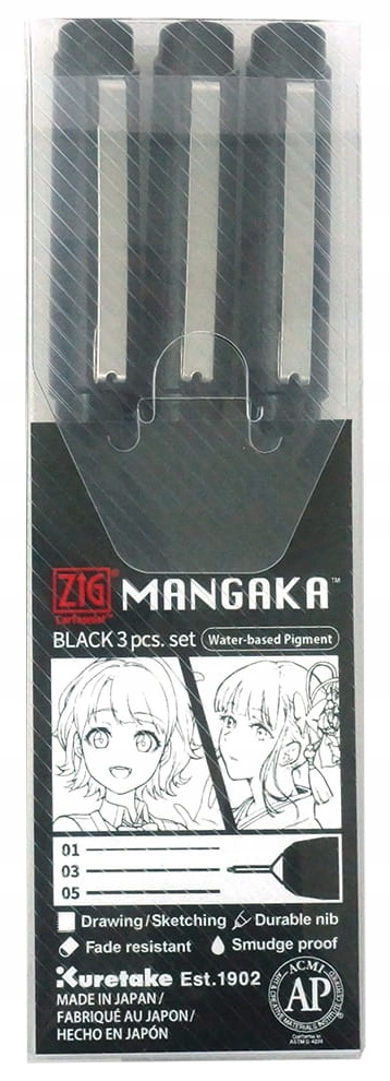 Kuretake ZIG CARTOONIST MANGAKA Black Set of 3 0.25mm 0.45mm 0.65mm Art Illustration