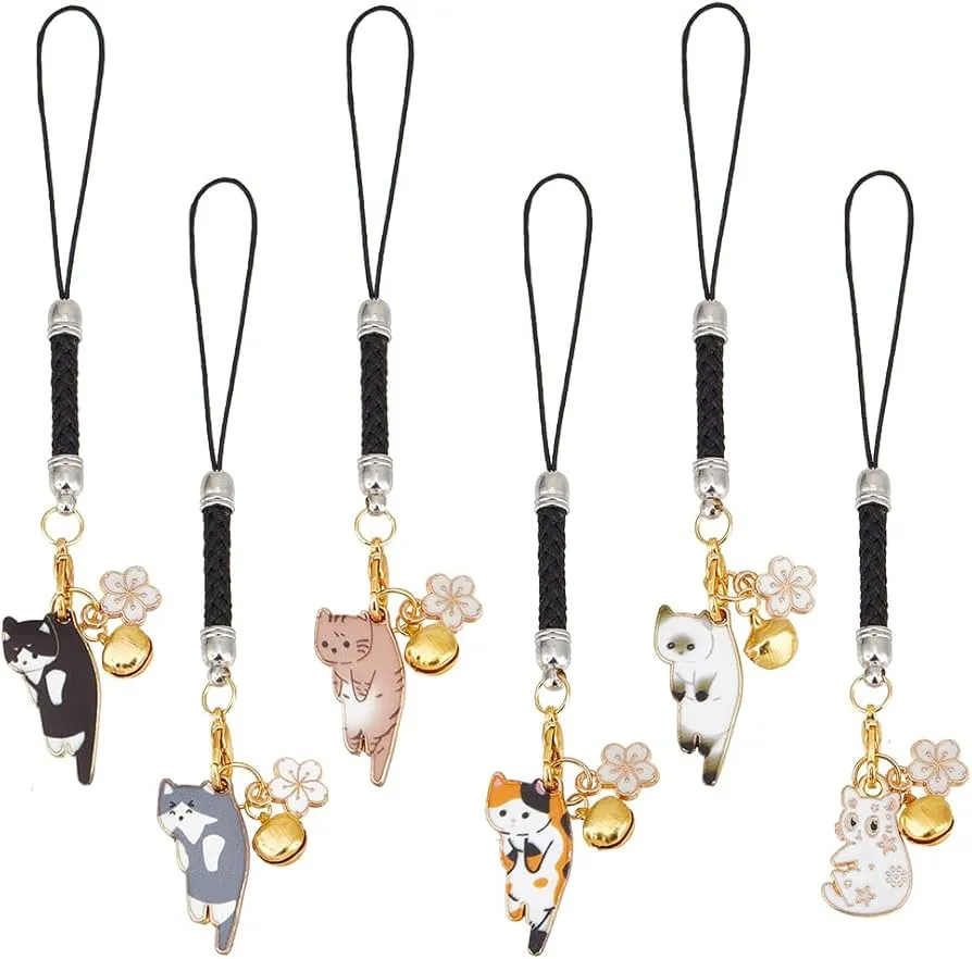 OLYCRAFT 6pcs Cat Keychain Flower Charm Enamel Pendant Nylon Cord Loop Japanese Key Chain 6 Colors Craft Miscellaneous Goods Gift Accessory Parts