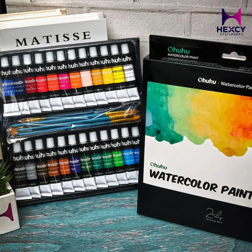Ohuhu Watercolor Paint Set, 24 Colors, 6 Watercolor Brushes, Paint, Painting Supplies, Transparent Watercolor, White, for Boys, Girls, Adults, Beginners, Indigo, 12ml Paint Tubes