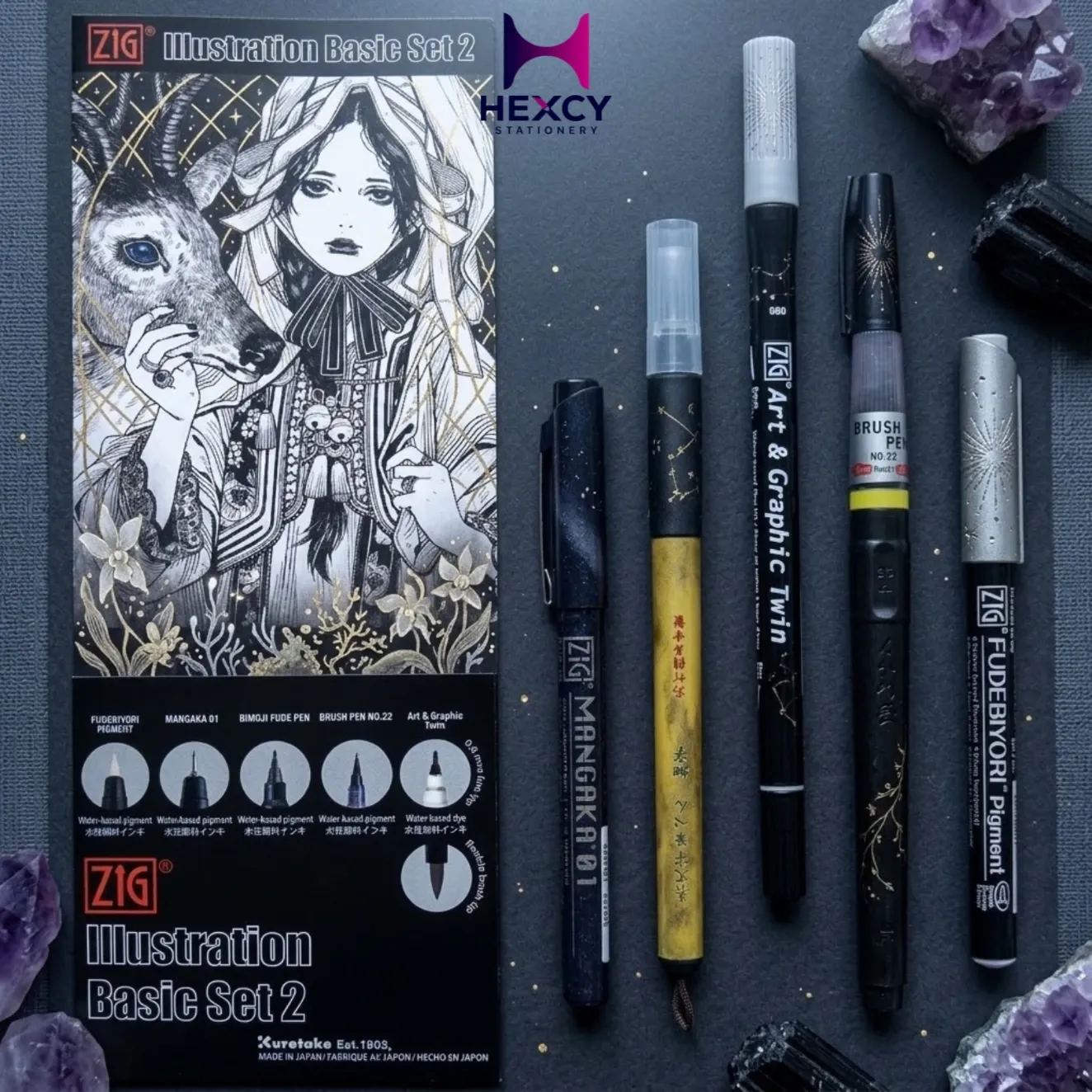 Kuretake IKTB-21/5V Brush Pen Illustration Basic Set 2, 5 Types, Black, White