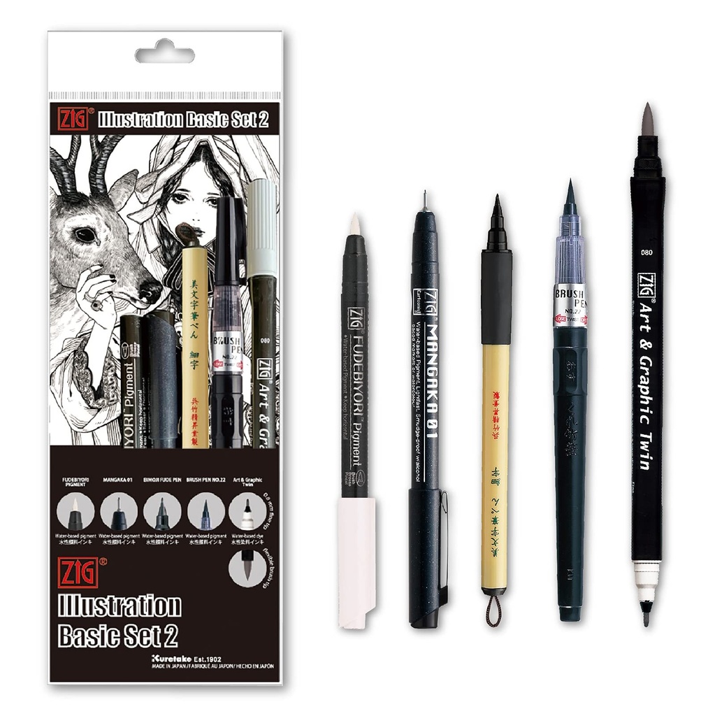 Kuretake IKTB-21/5V Brush Pen Illustration Basic Set 2, 5 Types, Black, White