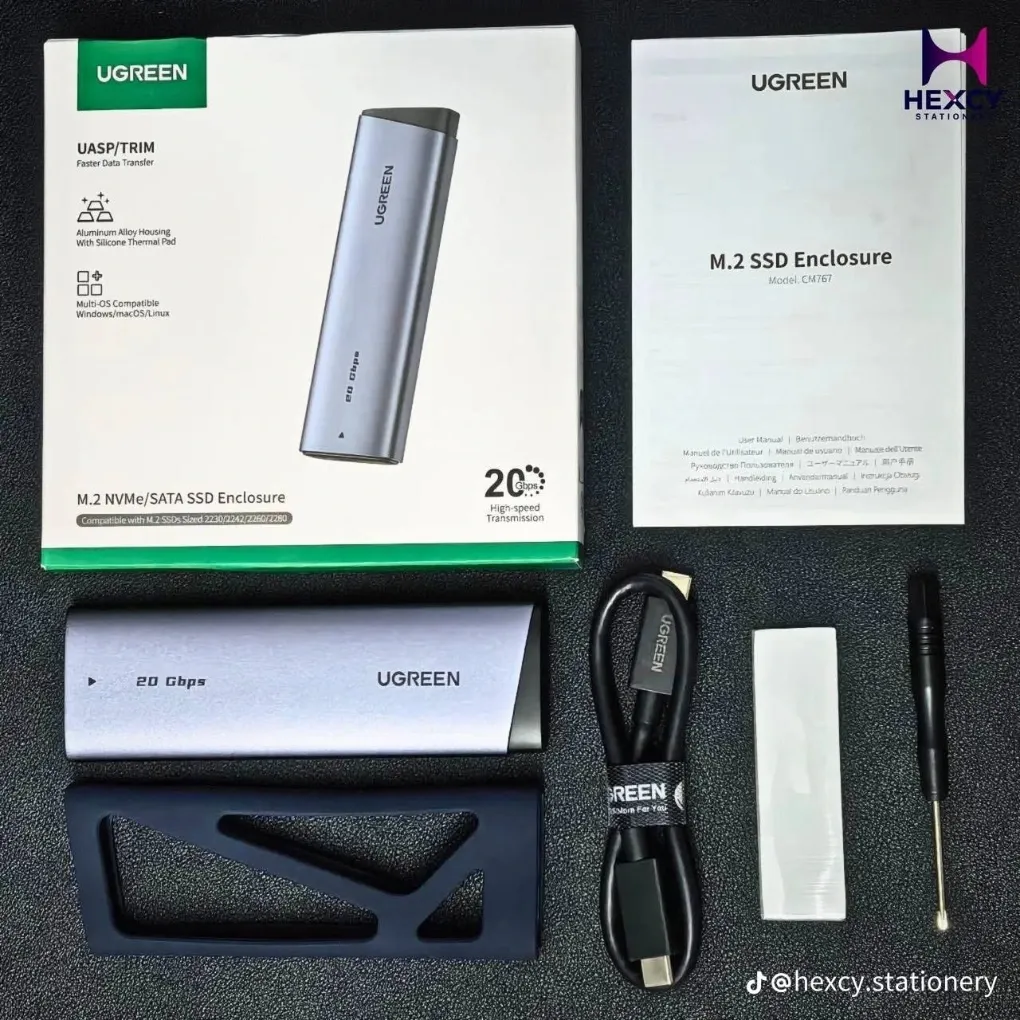 [55150] UGREEN M.2 SSD External Case 【USB 3.2 Gen2×2 20Gbps】 M.2 SSD Case NVME/SATA Case UASP Support 8TB Capacity Support m.2 Hard Disk Case 2230/2242/2260/2280 M-Key/M+B Key NVME SSD Support Type C Cable