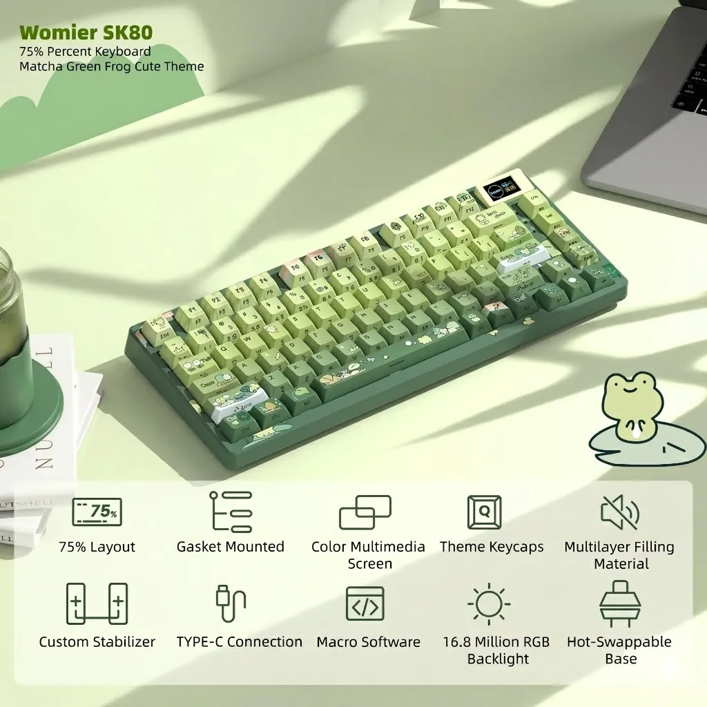 Womier SK80 75% Mechanical Gaming Keyboard with Color Multimedia Display (Cute Green Frog Edition)