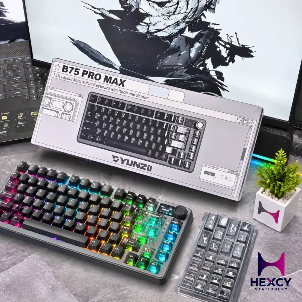 YUNZII B75 PRO MAX Wireless Mechanical Keyboard 75% English Layout with Display and Knob Hot Swappable Gasket Construction Pre-Lubricated Switch 3 Modes Connection (Bluetooth/Type-C/2.4G) RGB (Pink)