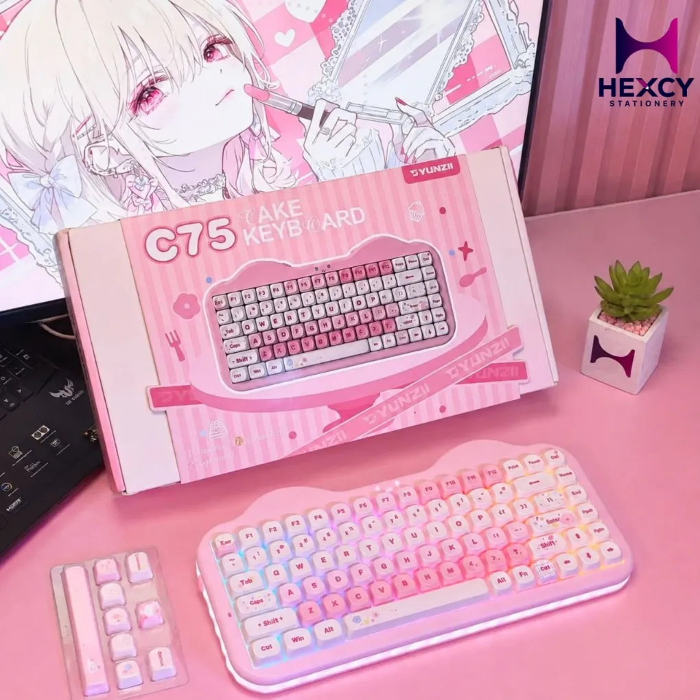 YUNZII C75 Wireless Mechanical Keyboard, 75% Layout, Hot Swap, Creamy Keyboard, NKRO PBT MOA Keycap, RGB Backlight, Gasket Mount, Cute Cake Design, BT5.0/2.4G/USB-C Win/Mac/Gaming, Technical Standards (Pink)