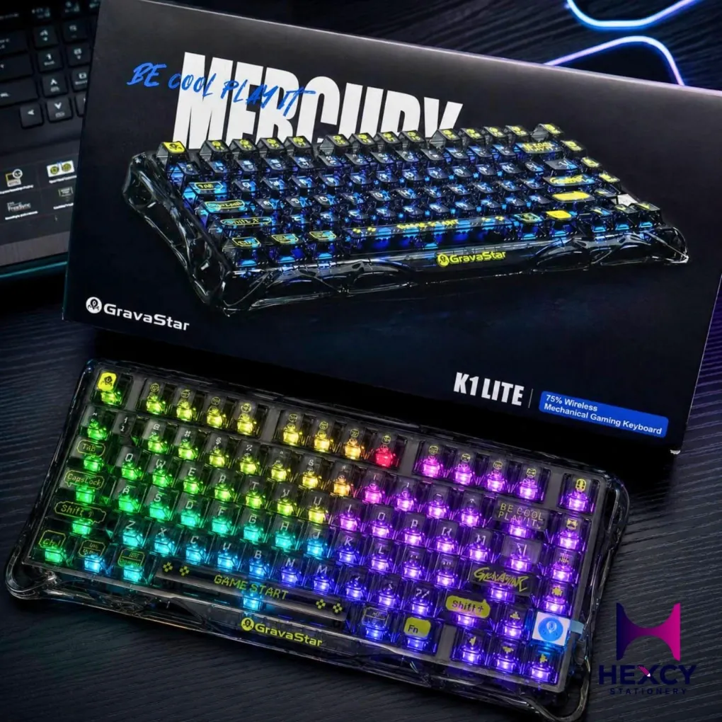 [GS K1 LITE-XTAL-BLK] GravaStar K1 Lite Gaming Keyboard, Transparent Keyboard, Wireless, 75% Layout, Tenkeyless, Hot-Swappable, Gasket-Mounted, Bluetooth 5.0/2.4G/Wired Connection, Transparent Keycaps, RGB Backlight, US (Black)