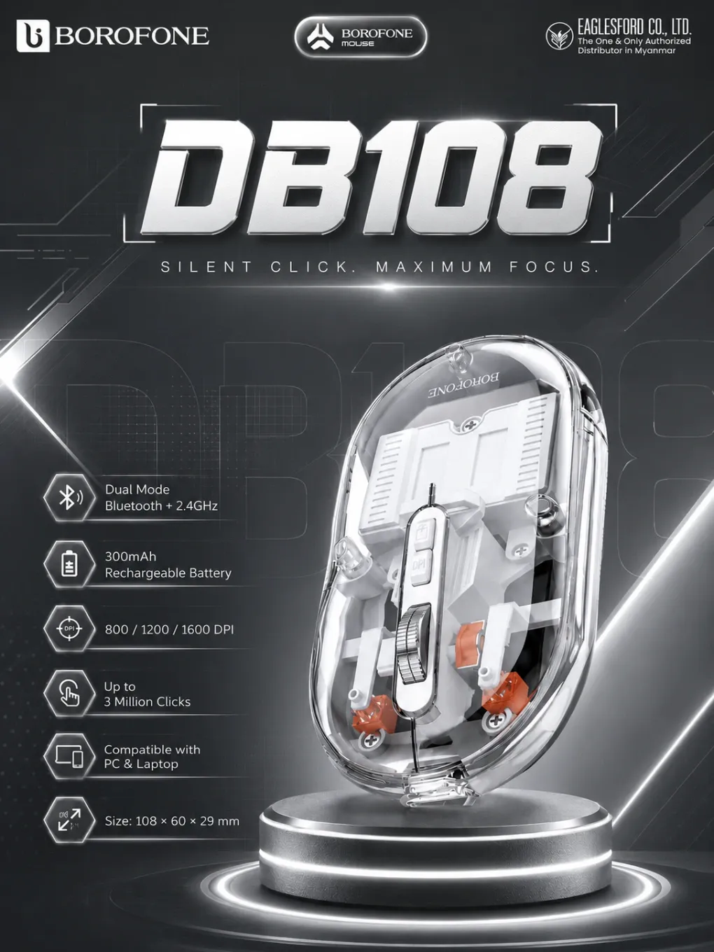 BOROFONE DB108 Dual Mode Silent Wireless Mouse (Battery Version)