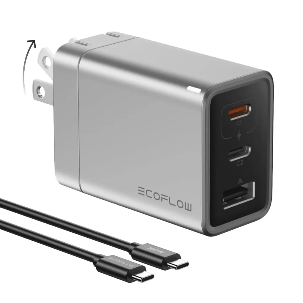 EcoFlow 65W Rapid Charger with 1m Charging Cable, 3 Ports, PD3.0 Compatible, PPS Standard Compliant, GaN (Gallium Nitride) Adopted, 3 Devices Charging Simultaneously, Foldable Plug, Compact