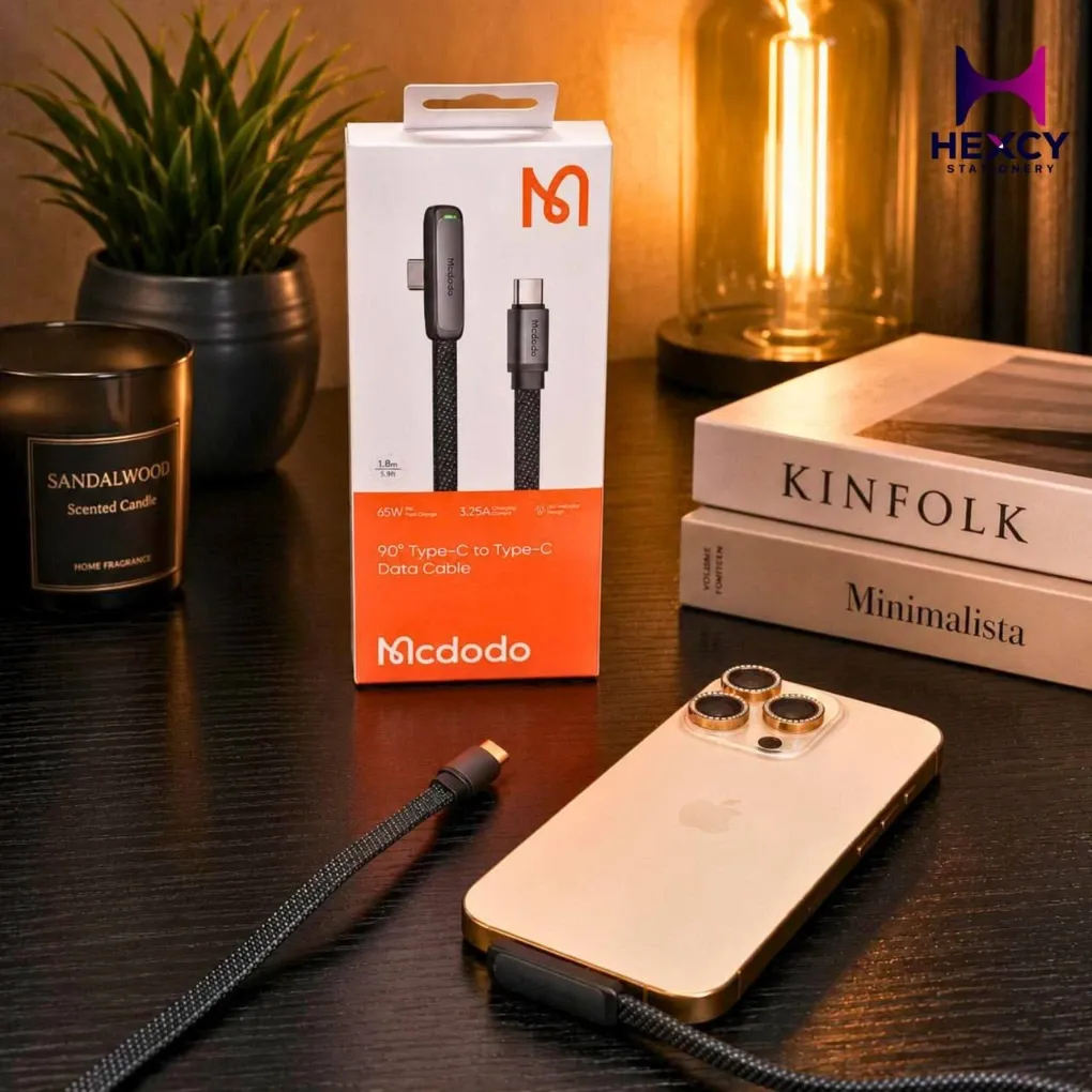 Mcdodo USB-C to USB-C Cable, 65W Fast Charging, PD Compatible, Ultra-Slim L-Shaped, MSC Charging Technology & Dual Chip, High-Speed Data Transfer, LED Indicator, Aluminum Alloy & TPE Cover, 2-Color