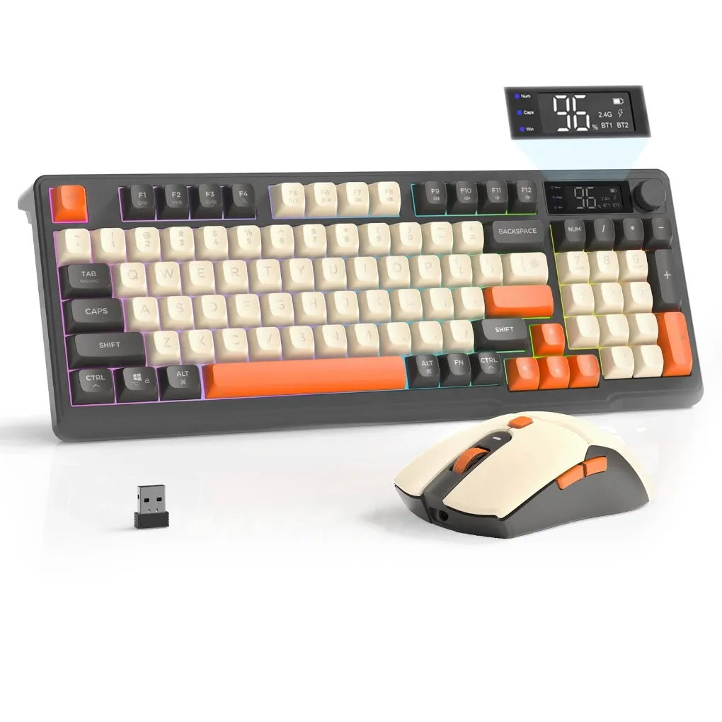 FREEWOLF×ZIYOULANG M96 Gaming Keyboard Mouse Set 2 in 1 Membrane Keyboard Wireless 2.4G Bluetooth 2 Modes Connection 94 Keys Numeric Keypad with RGB, Mac Windows Linux Multimedia Knob with Electronic Display PBT Keycap 3000mAh Lightweight Quiet Mouse, 4 DPI Adjustment, 500mAh Battery, 90G (Blueberry)