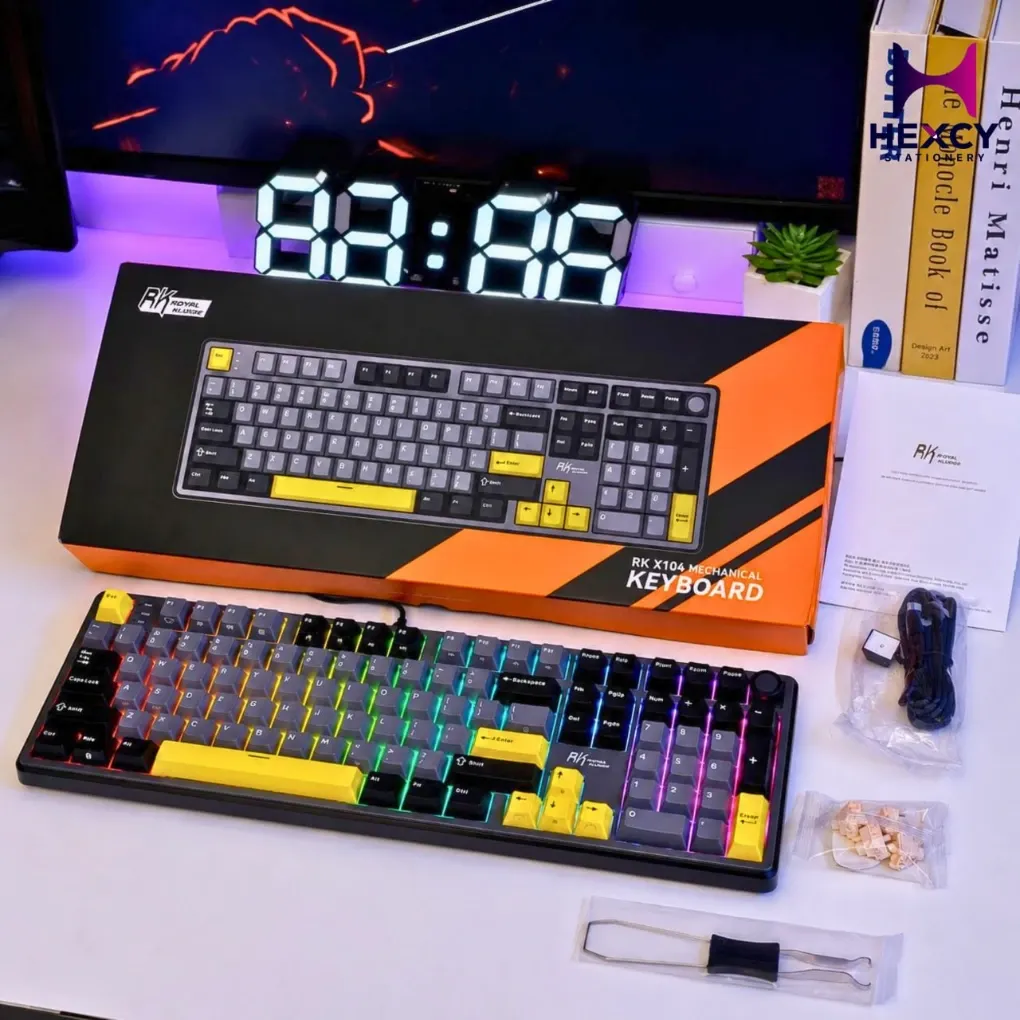 RK ROYAL KLUDGE X104 Full Size Mechanical Keyboard, Wired Creamy Gaming Keyboard with Numeric Key and Knob, 104 Keys, Linear Switch, RGB Backlight, Online Software for Windows/Mac, US QWERTY (Yellow)