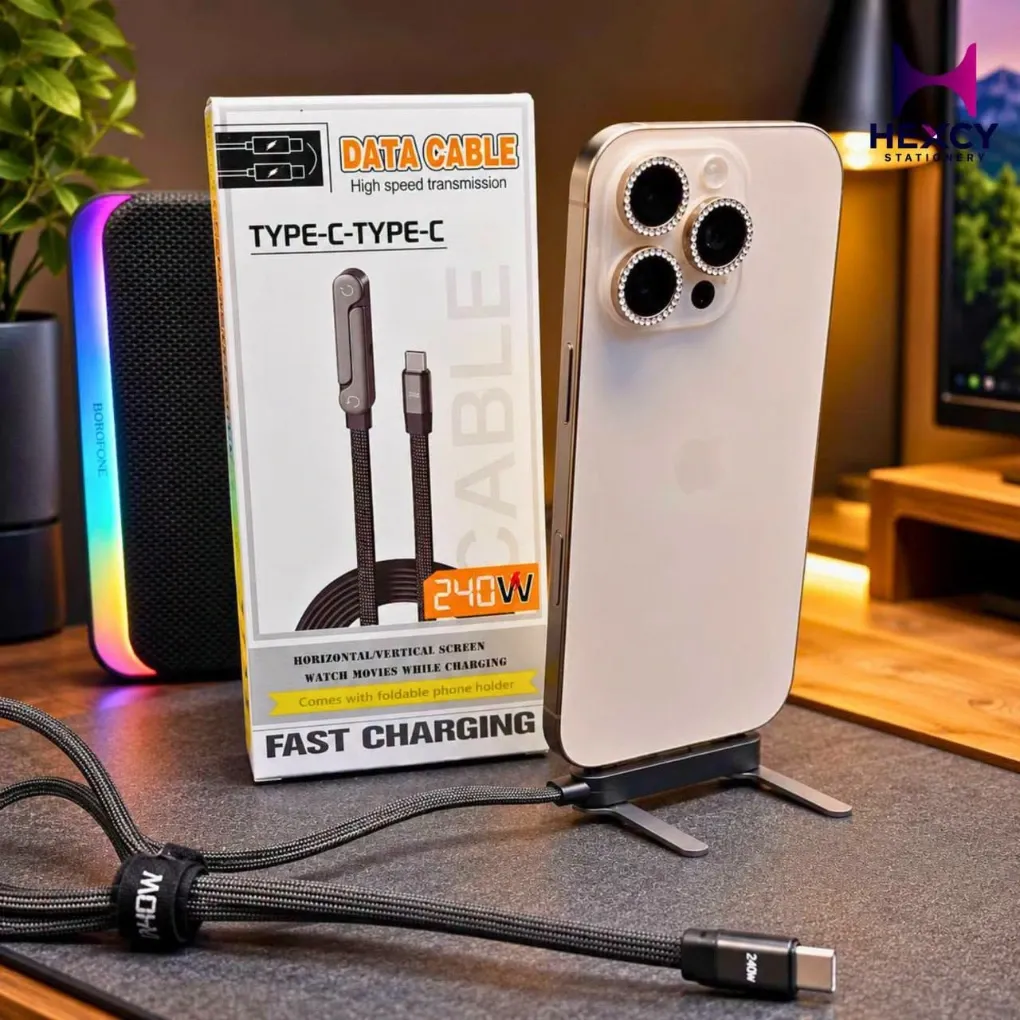 ​Type-C Charging Cable with Stand, 240 W Fast Charging, PD Compatible, USB C to USB C Cable, Type-C Cable, 480 Mbps Data Transfer, T-Shape, 360 Degree Rotation, Foldable, Smartphone Stand, Multi-Function, Durable Nylon Braided Charging Cord 4.9 ft (1.5 m)