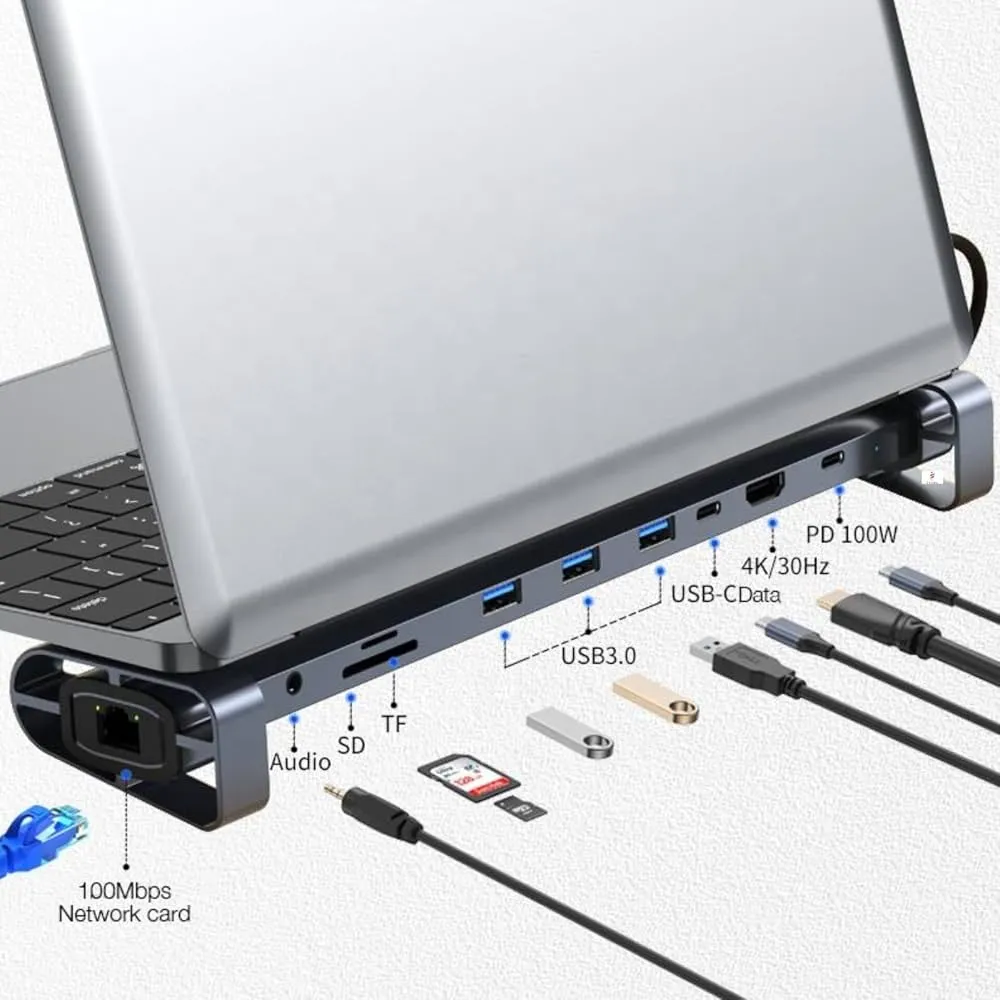 10-in-1 USB C Hub with PD Fast Charging, 4K HDTV & VGA, 4 USB 3.0 Ports, Ethernet RJ45, SD/TF Card Reader, Audio Jack - Compact Multiport Docking Station for MacBook Pro/Air, Laptops, Windows PCs