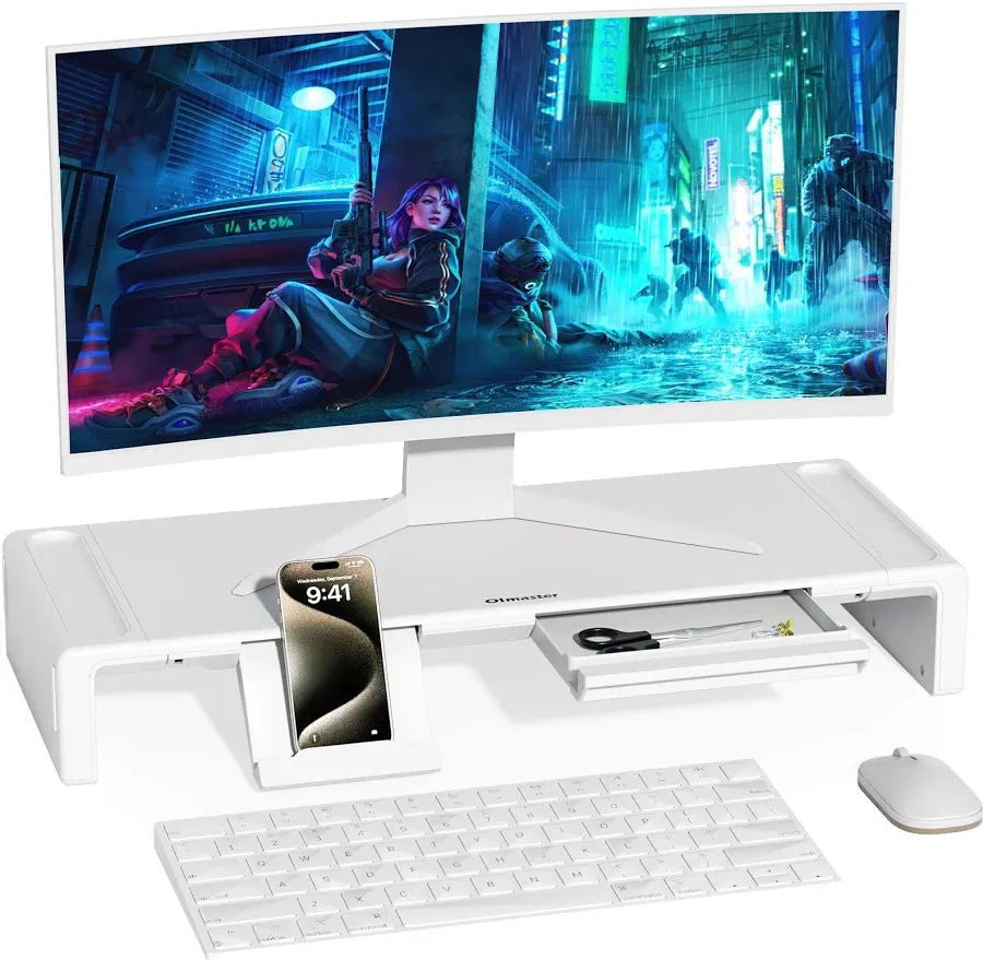 Desktop Monitor Stand, USB 2.0/3.0 Data Transfer, Monitor Stand, USB/TYPE-C Charging, PC Stand, Foldable, Desktop Stand, Display Stand, with Drawers and Smartphone Holder, 3 Adjustable Width Desktop Rack, Suitable for Laptops, Printers, iMac, Load Capacity 55.1 lbs (25 kg) (Black with USB) (White)