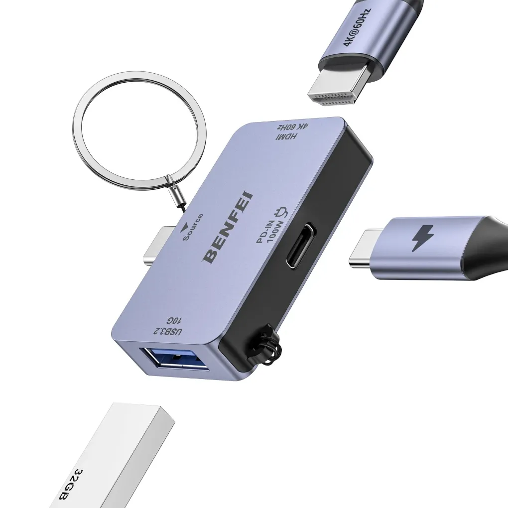 [000391] BENFEI 3-in-1 USB C Hub, 4K@60Hz HDMI, 10Gbps USB-A, 100W Power Delivery, Compatible with MacBook Pro/Air, iPad Pro, iMac, iPhone 16/15 Pro/Pro Max, XPS, Thinkpad