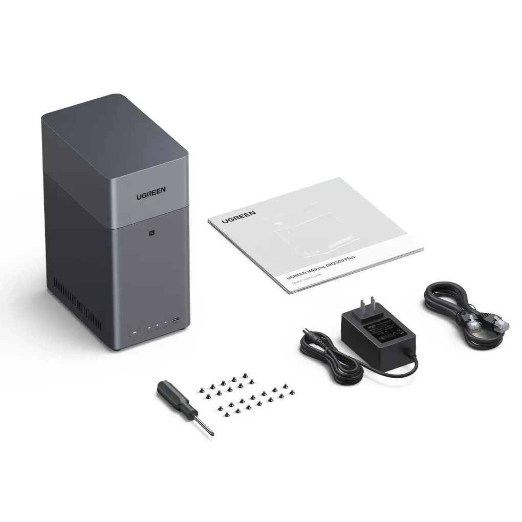 UGREEN NAS DH2300 2-Bay NAS Bundle, M.2 SSD, External Case Included, NFC One-Touch Connection, Supports 4K Video Playback, Up to 64 TB Storage, 4 GB RAM, Onboard Memory, Backup, For Beginners, Easy Setup